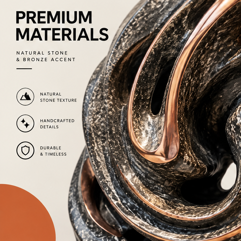 Detail of flowing stone contours and warm metallic edging on CELORM Spiral Harmony sculpture.