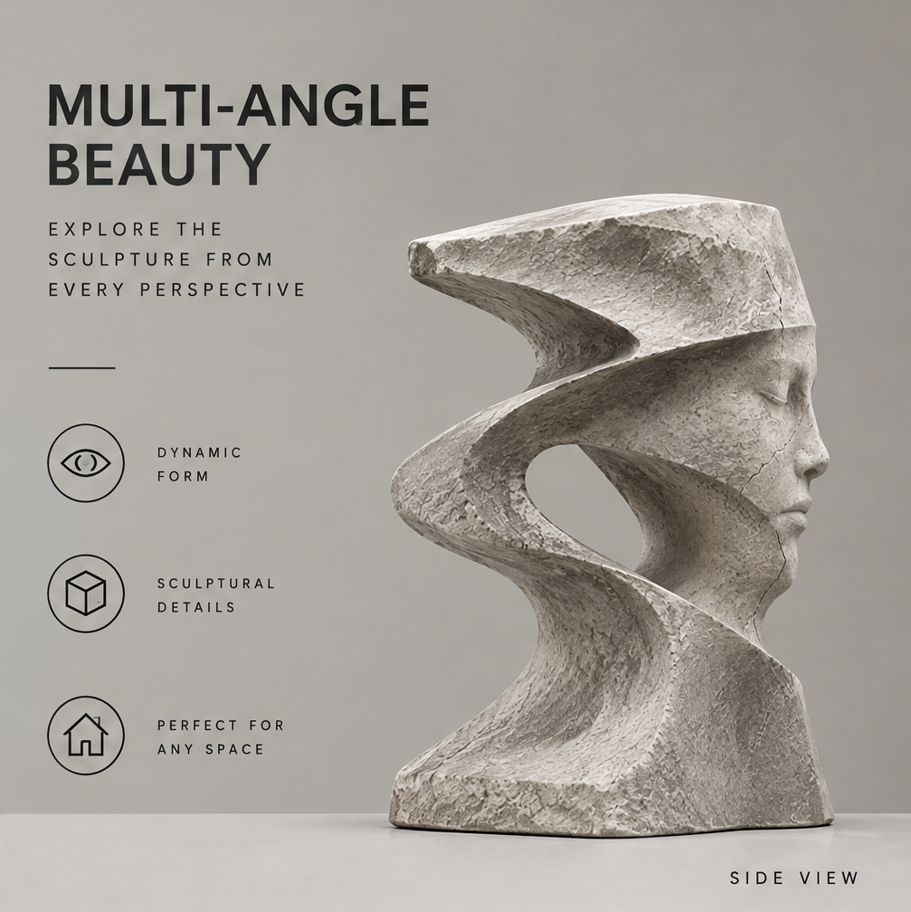 Side profile of the spiral face sculpture showing curling contours and an oval opening