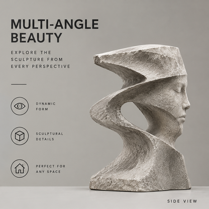 Side profile of the spiral face sculpture showing curling contours and an oval opening