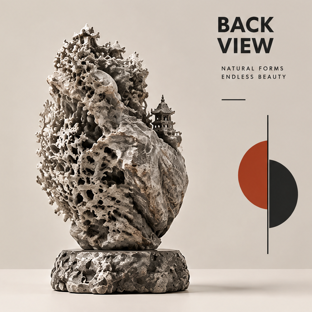 Back view of the sculpture showing cream and gray branching textures and a small pagoda