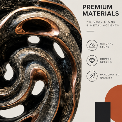 Close-up of the dark speckled stone surface and copper-toned metallic details on CELORM Spiral Harmony.