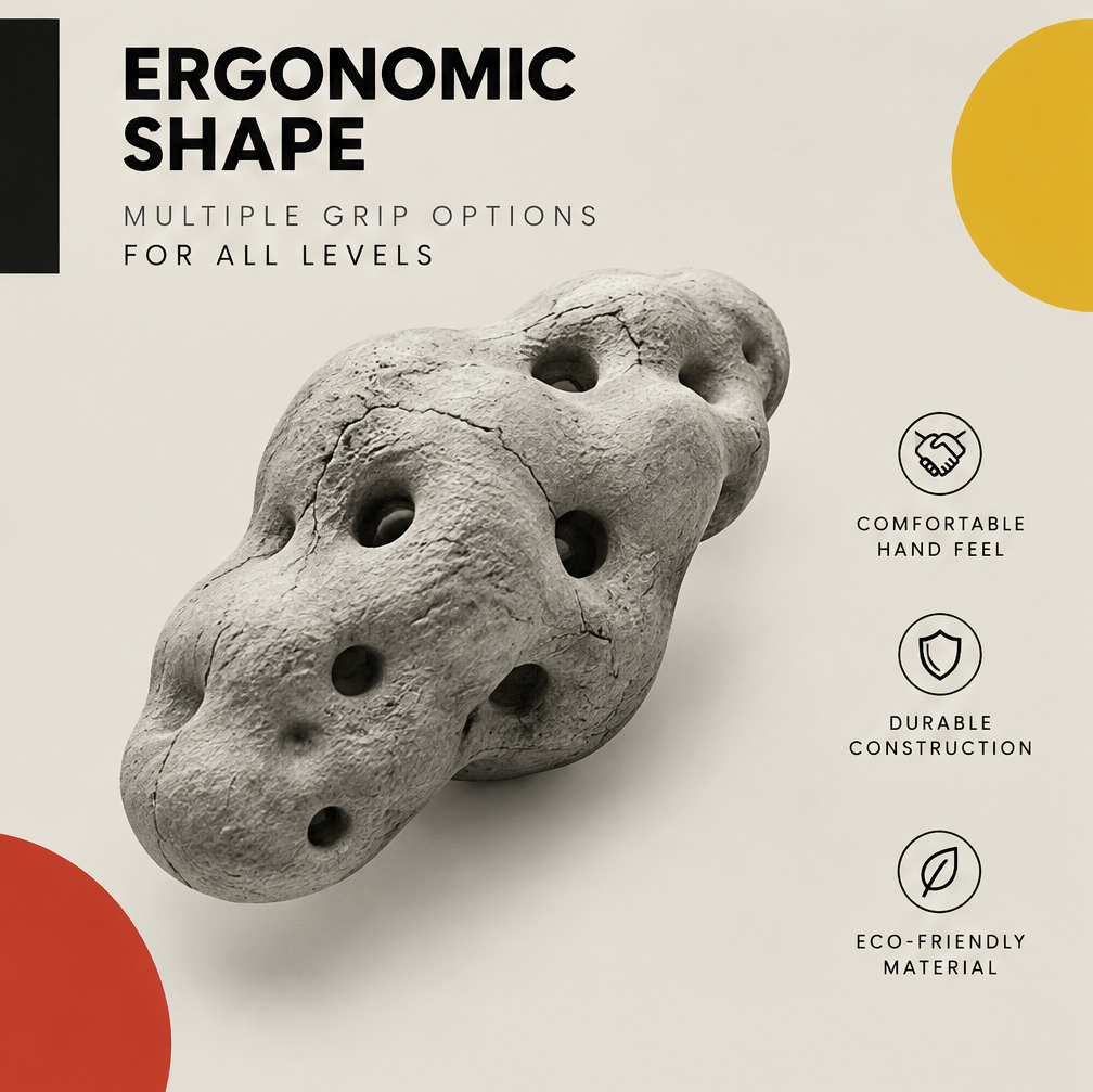 Side angle of the gray cloud sculpture with image text describing shape and grip features