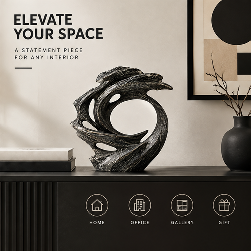 Black swirl sculpture styled on a dark console beside books, a vase, and geometric wall art