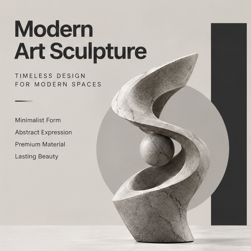 Full view of the abstract spiral ribbon sculpture against a neutral geometric backdrop