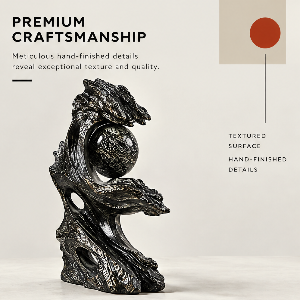 Full angled view highlighting hand-finished ridges, oval openings, and the textured central sphere
