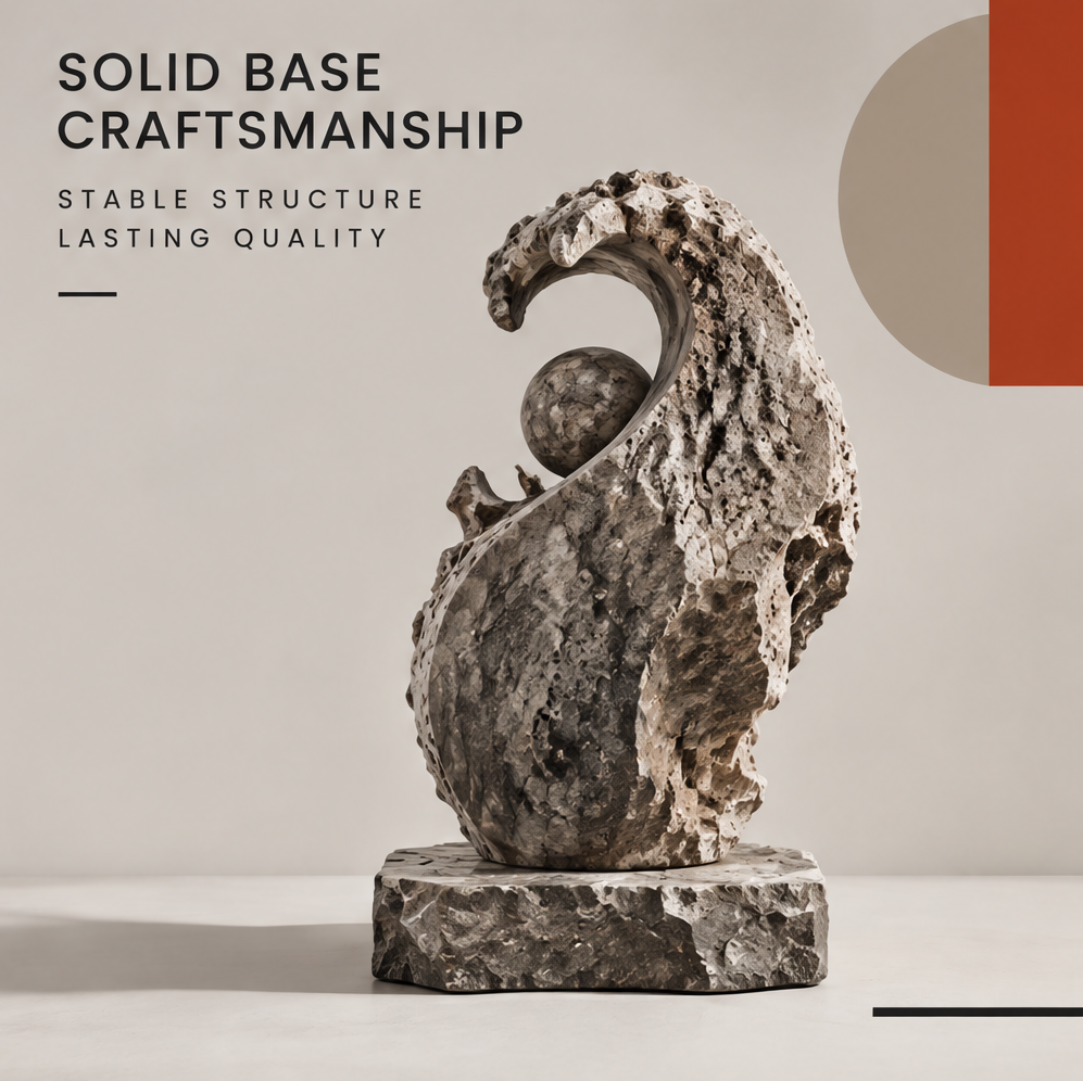 Side view of the wave and sphere sculpture showing its textured solid rectangular base