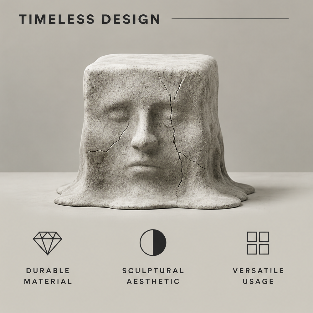 Front view of the gray face sculpture with image text highlighting its sculptural aesthetic