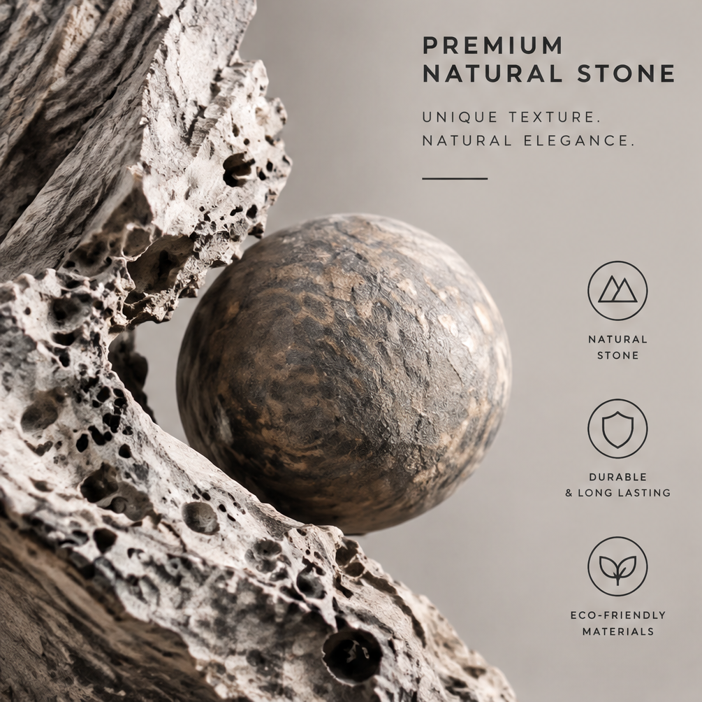Close-up of the mottled gray and brown sphere framed by the sculpture's textured curves