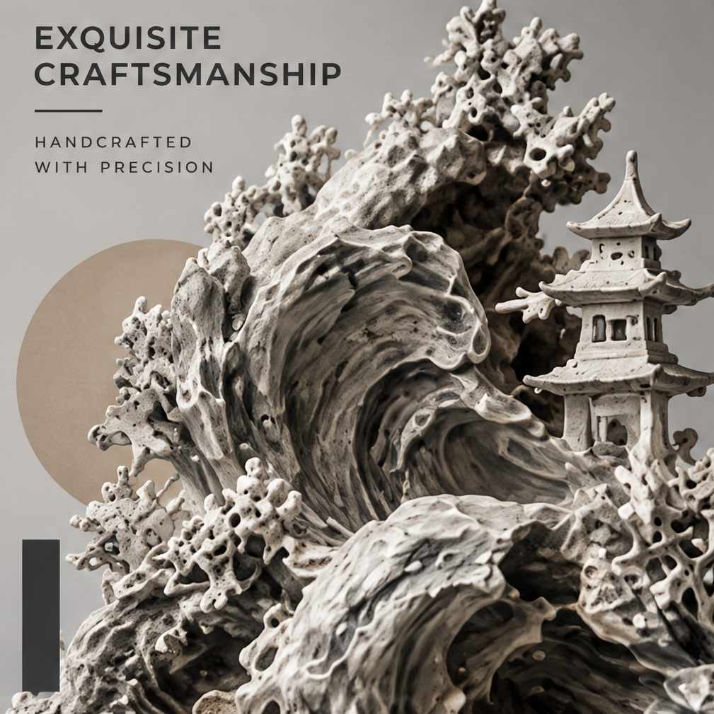 Close-up of layered wave contours, branching openings, and a tiered pagoda