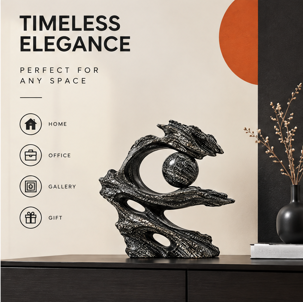 Wave and sphere sculpture styled on a dark cabinet beside a black vase, branches, and a book