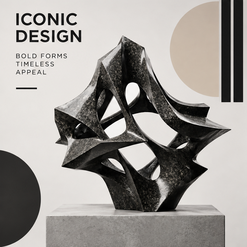 CELORM black geometric stone sculpture with pointed planes, sweeping curves, and openwork cutouts