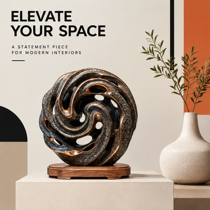 CELORM spiral stone sculpture displayed beside a white vase in a modern neutral interior.
