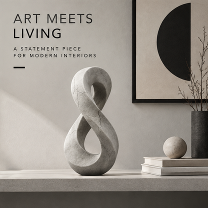 Infinity sculpture styled on a console beside books, a sphere, a dark vase, and geometric artwork