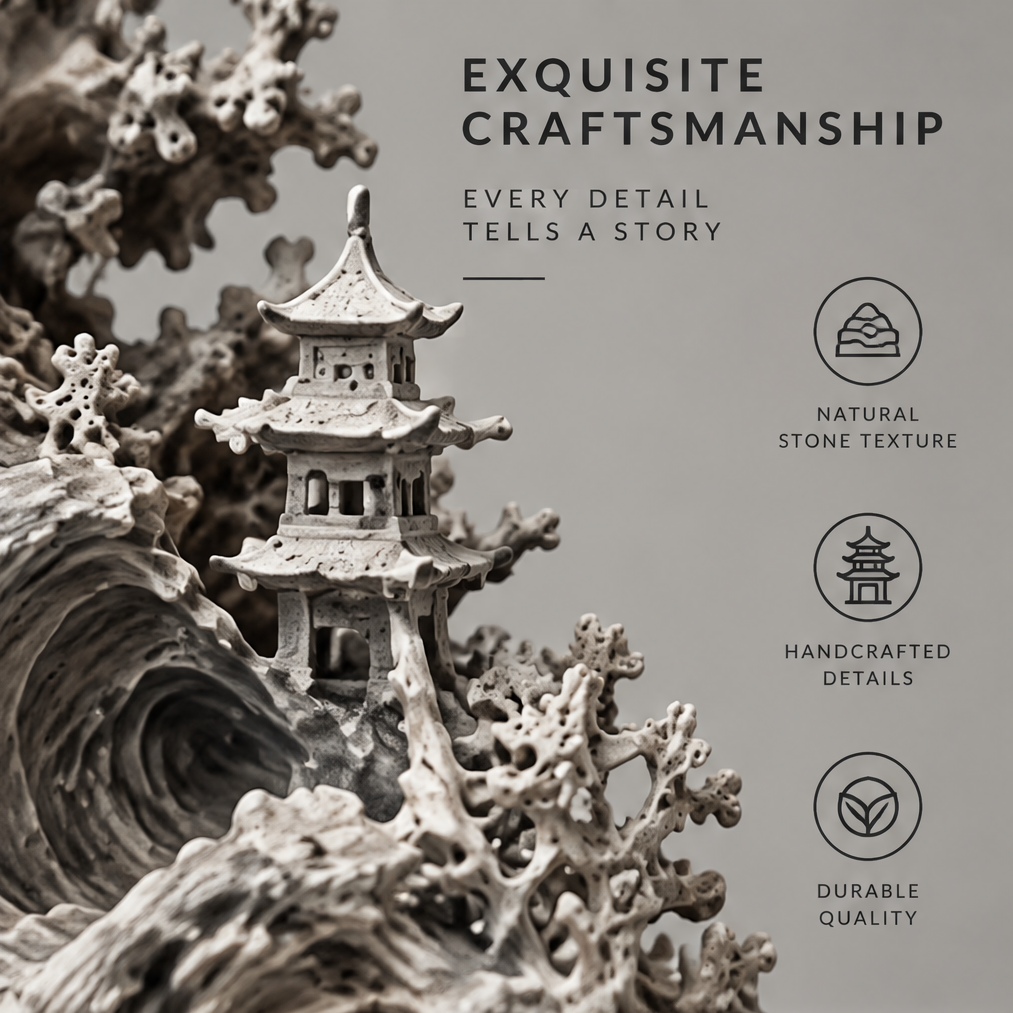 Pagoda detail with curved rooflines beside textured waves and branching forms