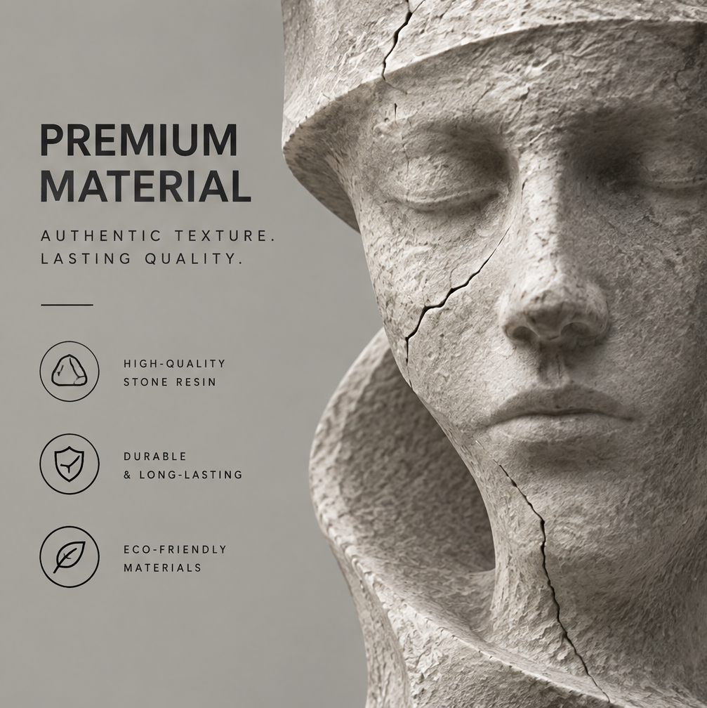 Facial detail close-up with image text identifying stone resin material