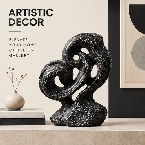 Double swirl sculpture styled beside books and a neutral vase with geometric artwork in the background