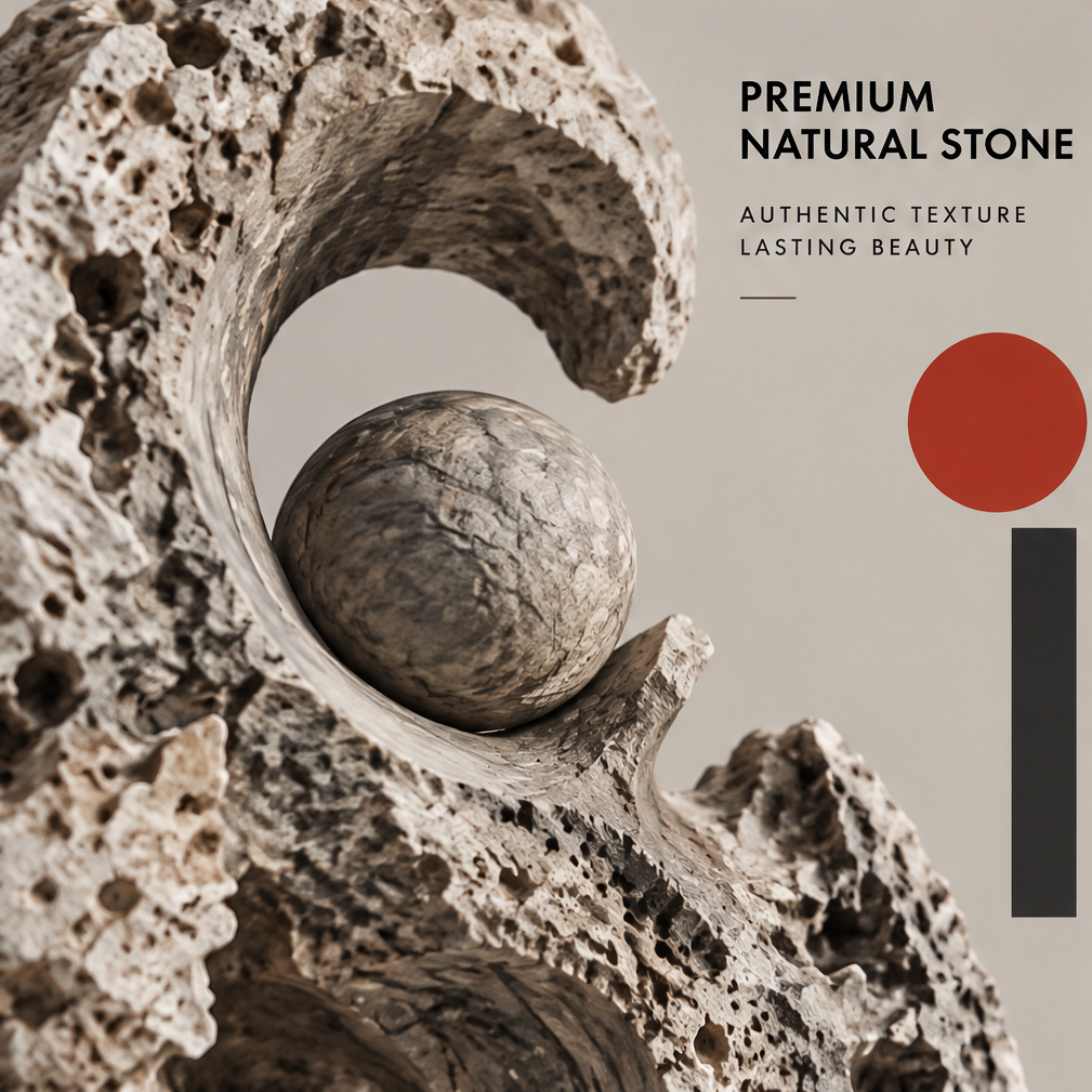 Close-up of the mottled sphere and curling stone form with pale edges and textured openings