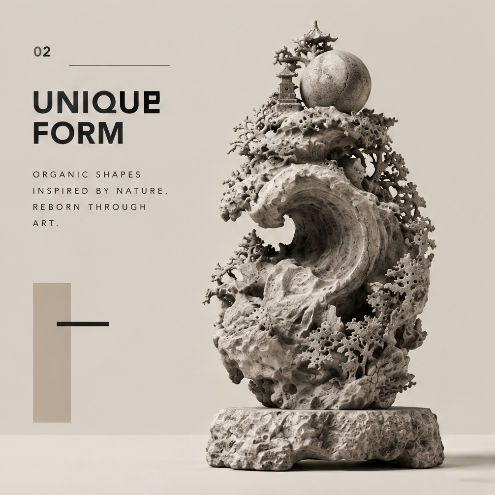 Angled full view of the wave and twin sphere sculpture with pagoda accents on a textured base
