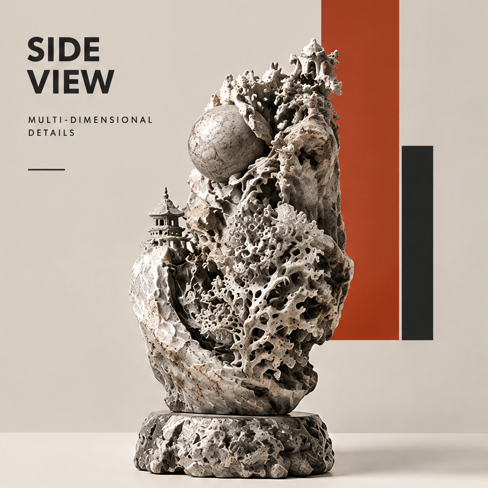 Side view of the nature-inspired sculpture with a sphere, pagoda accents, and intricate openings