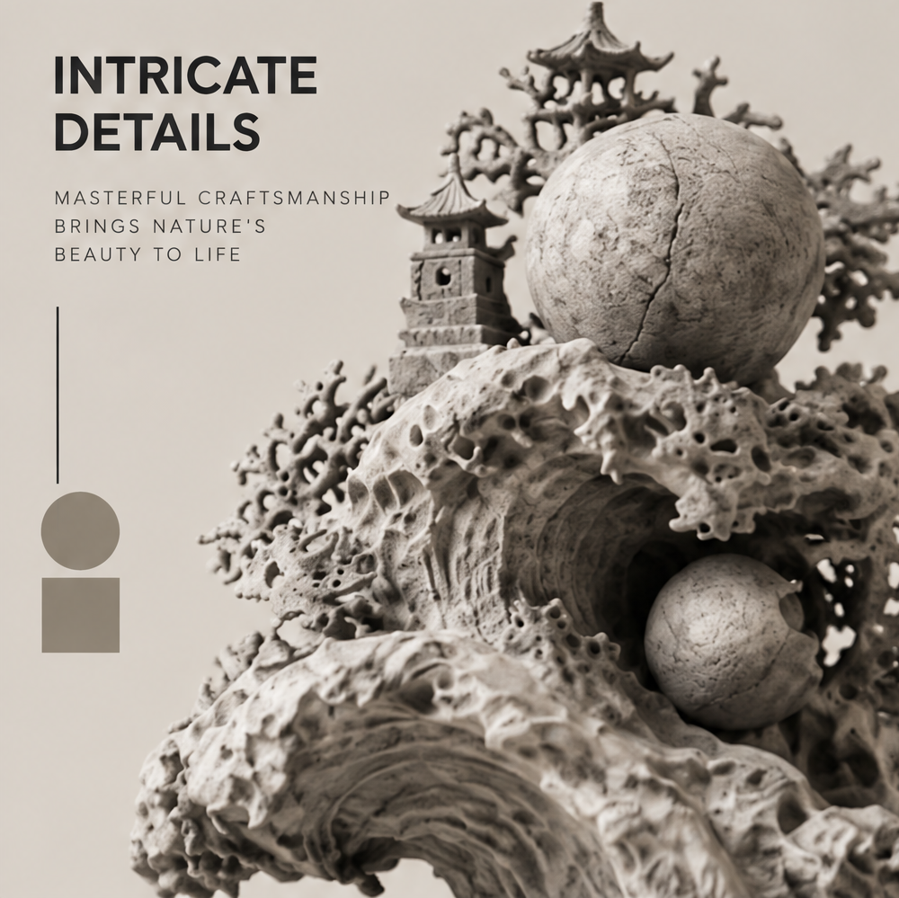 Close-up of the two textured spheres, small pagodas, and intricate branching openings