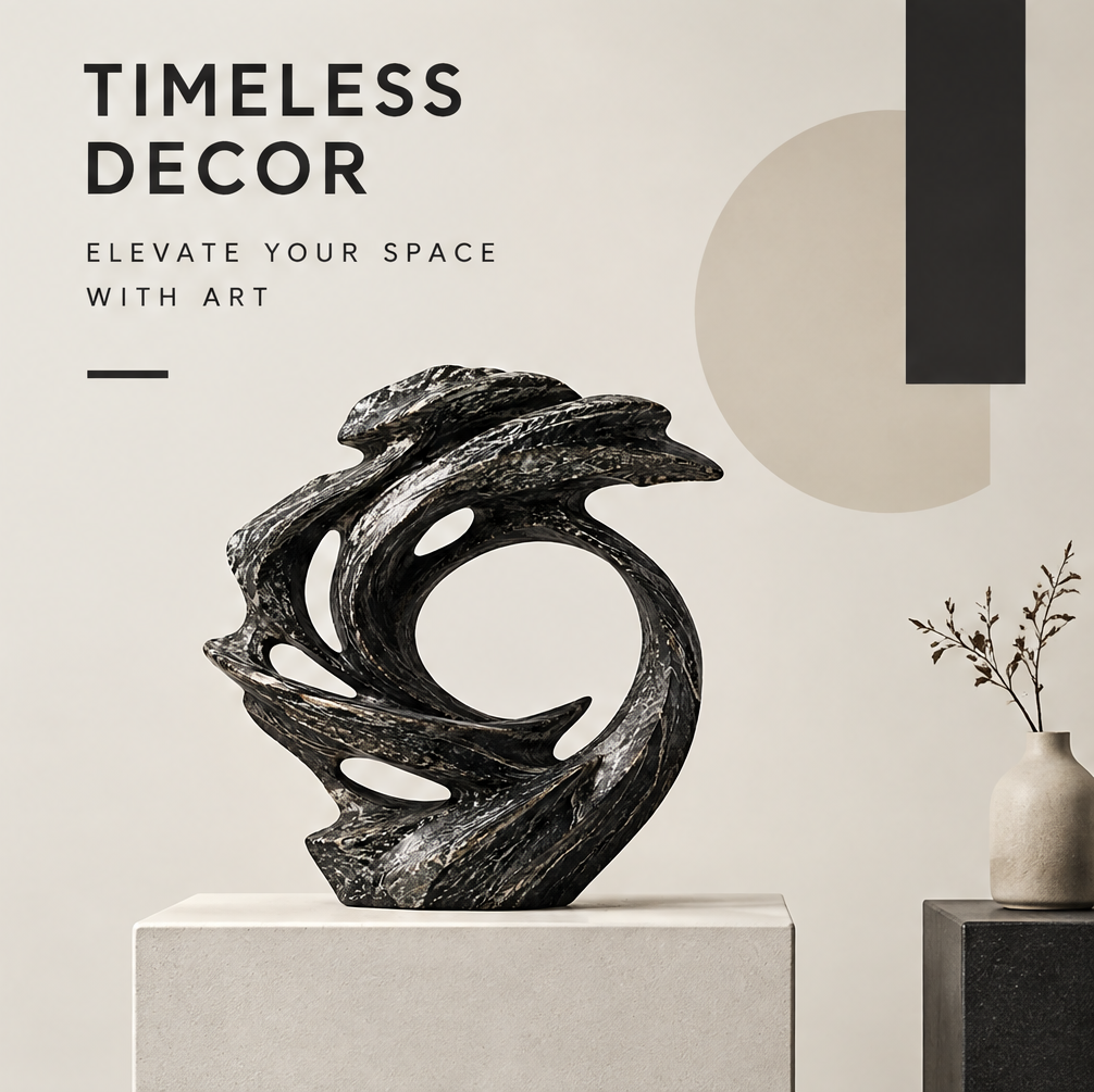 Black abstract swirl sculpture displayed on a white plinth beside a neutral vase and branches