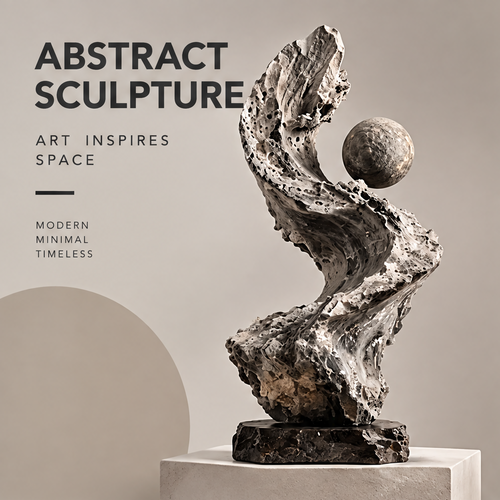 CELORM abstract sculpture with flowing cream and gray curves, a textured sphere, and a dark base