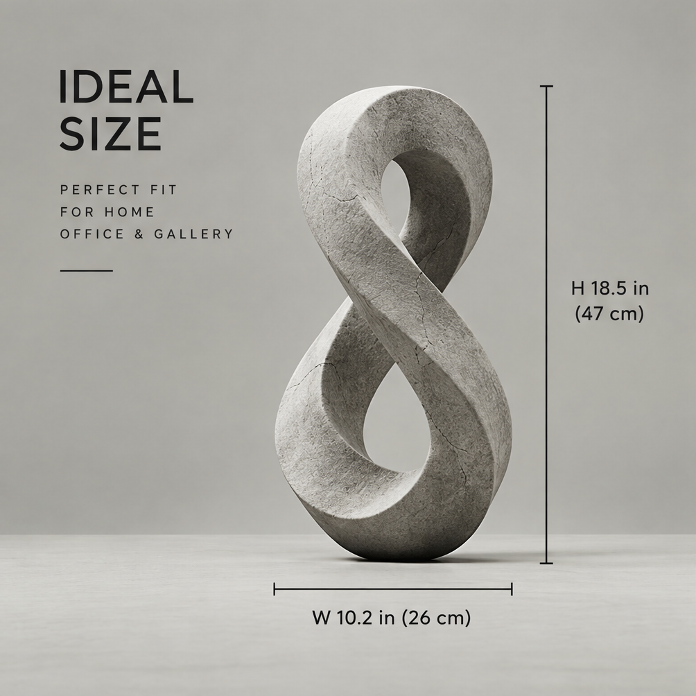 Size diagram of the infinity sculpture showing height 47 cm (18.5 in) and width 26 cm (10.2 in)