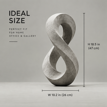 Size diagram of the infinity sculpture showing height 47 cm (18.5 in) and width 26 cm (10.2 in)