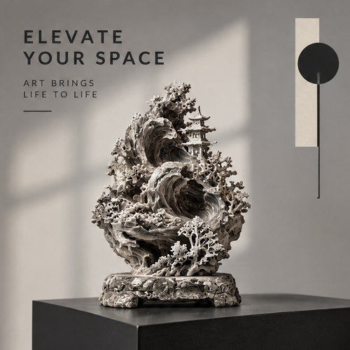 Wave and pagoda sculpture displayed on a dark plinth against a neutral wall