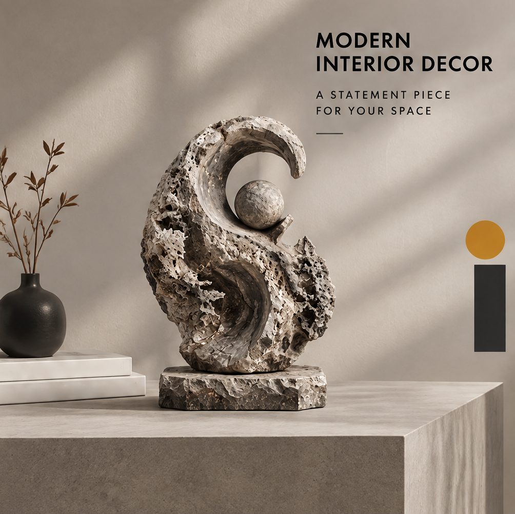 Wave and sphere sculpture styled on a light console beside neutral books and a dark vase