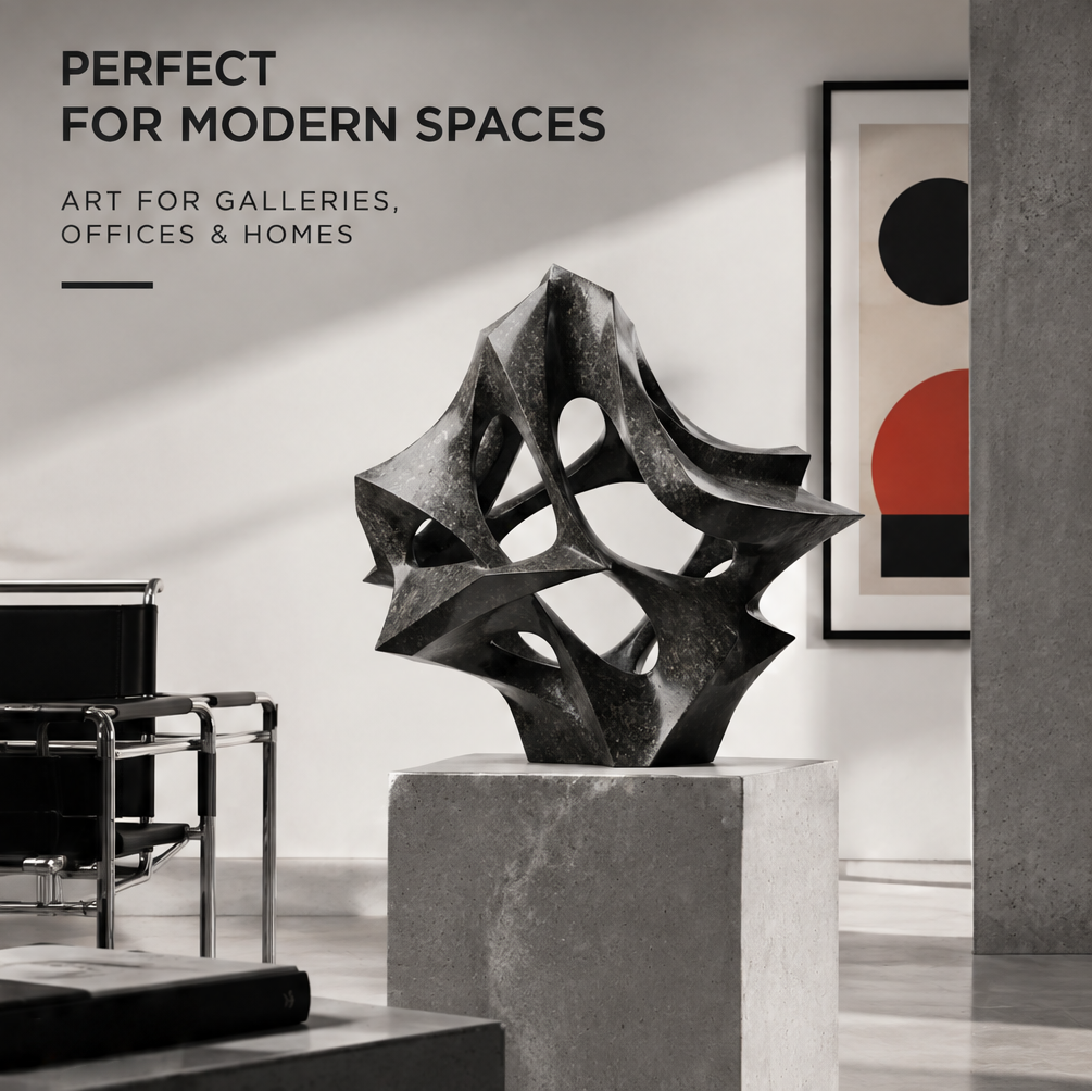 Geometric sculpture displayed on a plinth in a modern interior beside a black chair and framed artwork