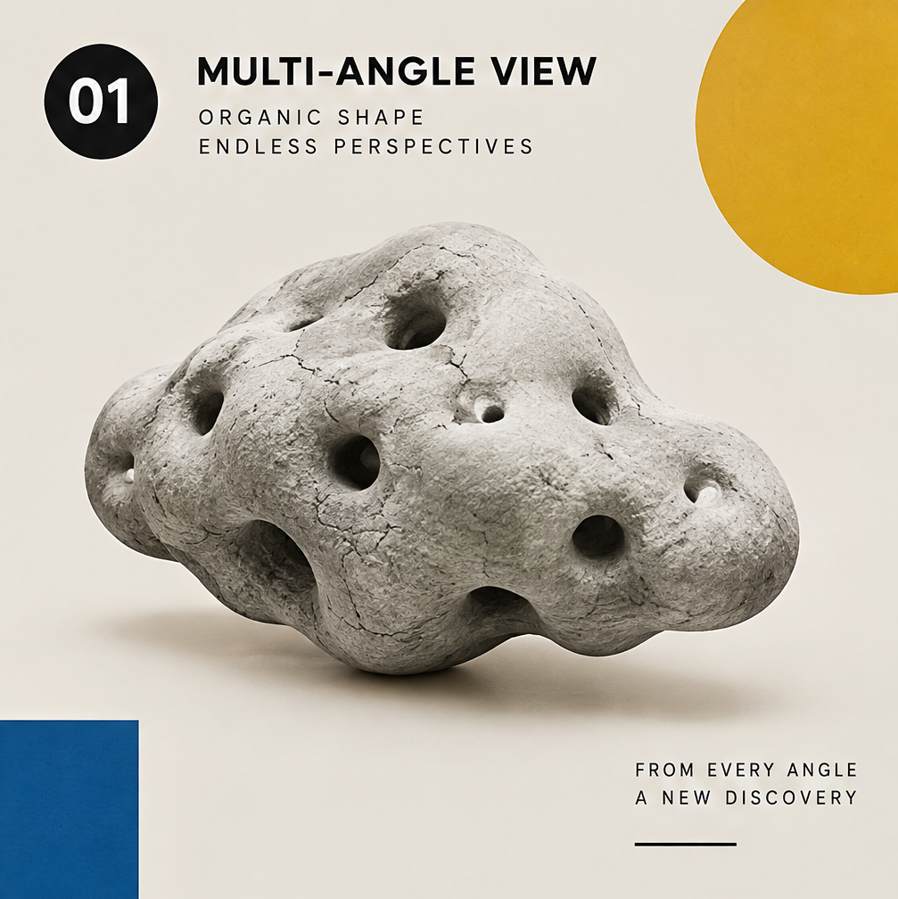 Angled view of the organic cloud sculpture showing rounded contours and irregular openings