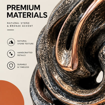 Detail of flowing stone contours and warm metallic edging on CELORM Spiral Harmony sculpture.