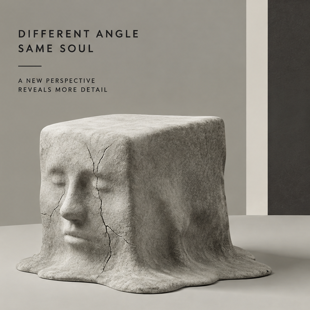 CELORM Silent Face sculpture in pale gray with closed eyes, textured surfaces, and a flared outline