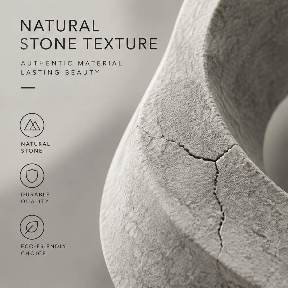 Detail of a curved loop and textured surface with image text identifying natural stone