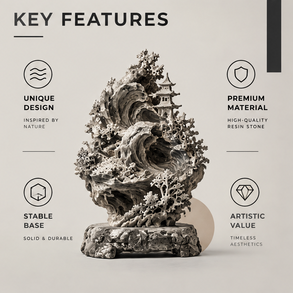 Full sculpture with image text highlighting nature-inspired design, resin stone material, and a stable base