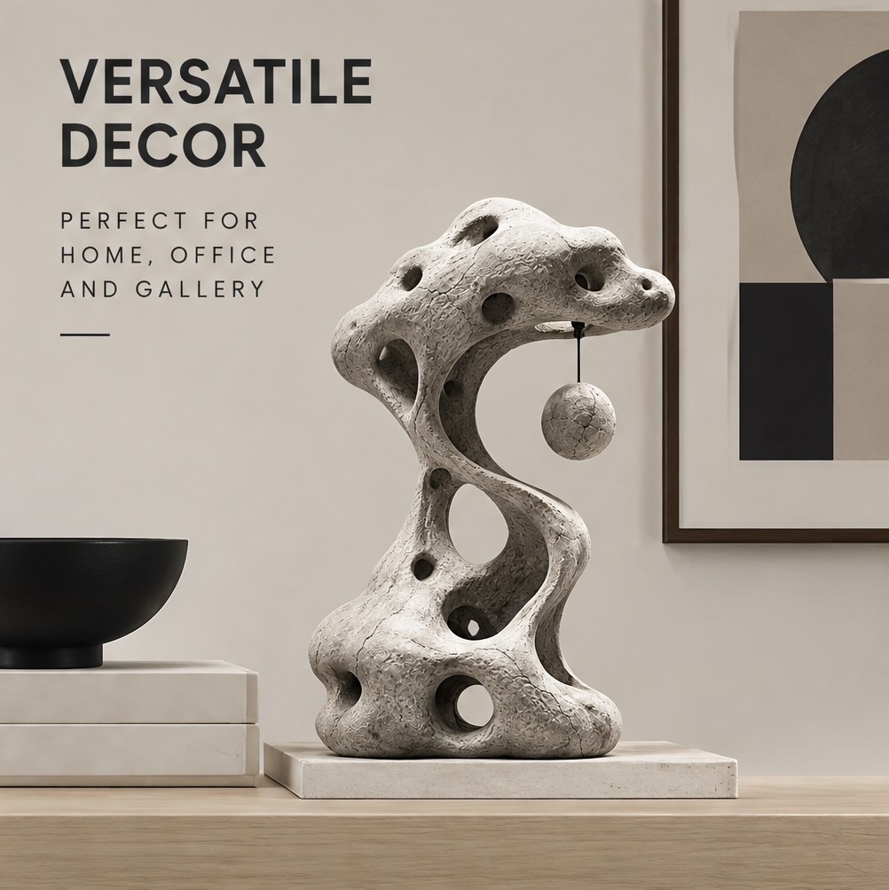Organic curve sculpture styled beside books, a black bowl, and framed geometric artwork
