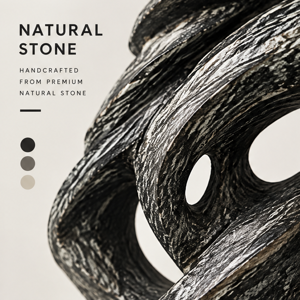 Close-up of ridged black surfaces and pale veins with text identifying handcrafted natural stone