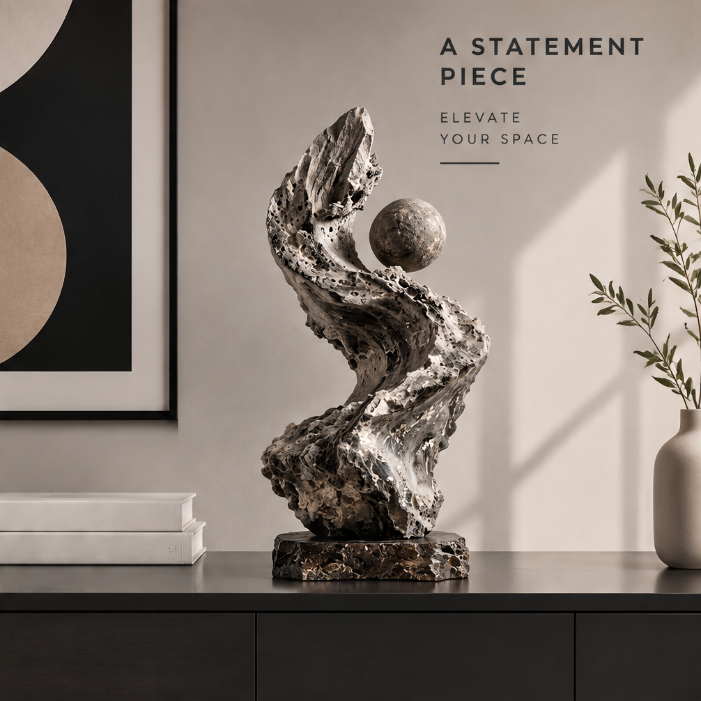 Abstract sphere sculpture styled on a dark cabinet beside books, framed art, and a vase