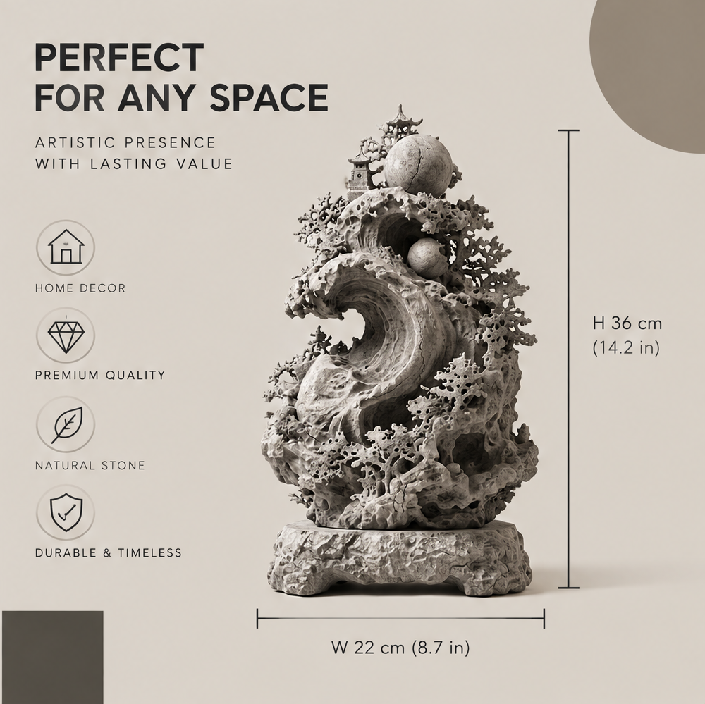 Sculpture size diagram showing height 36 cm (14.2 in) and width 22 cm (8.7 in)
