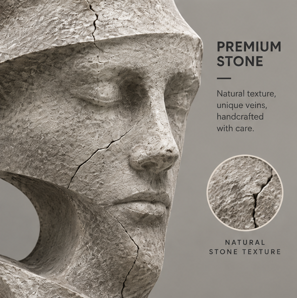 Close-up of the closed-eye sculpted face with rough texture and dark vein-like lines