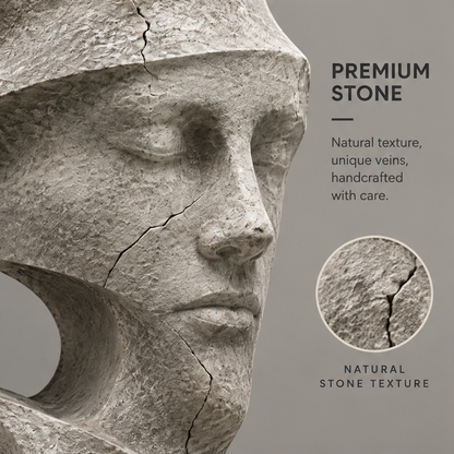 Close-up of the closed-eye sculpted face with rough texture and dark vein-like lines