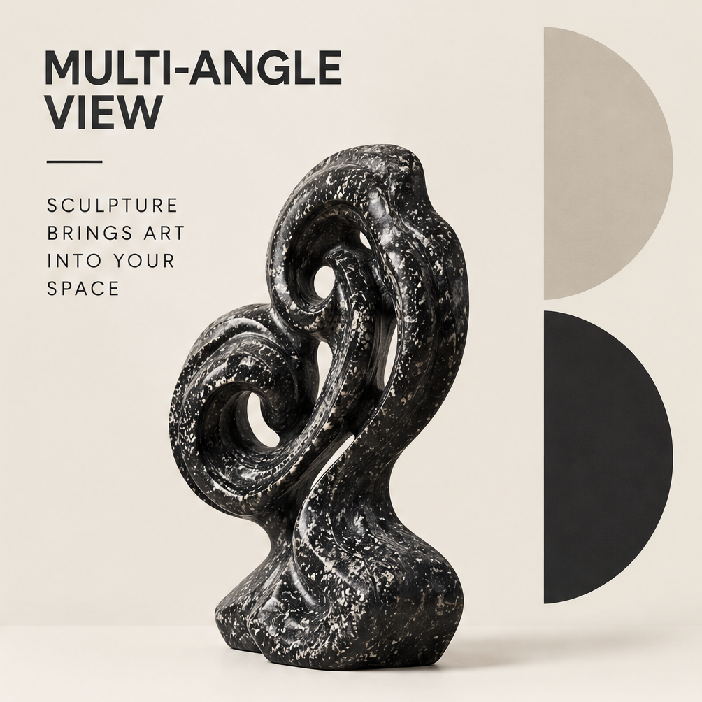 Angled profile of the double swirl sculpture revealing the depth of its flowing curves