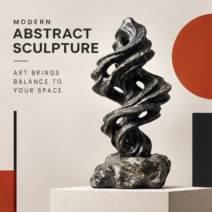 CELORM black spiral sculpture with pale marbled patterns, curved openings, and an irregular rounded base