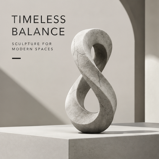 CELORM pale gray infinity-shaped stone sculpture with two open loops and dark vein-like lines