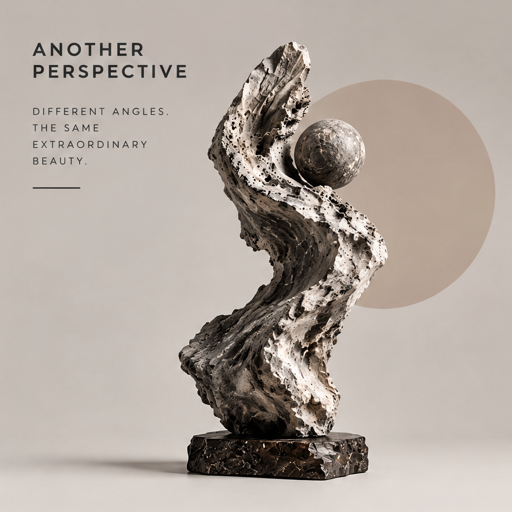 Alternate view of the twisting abstract sculpture and sphere on a dark rectangular base
