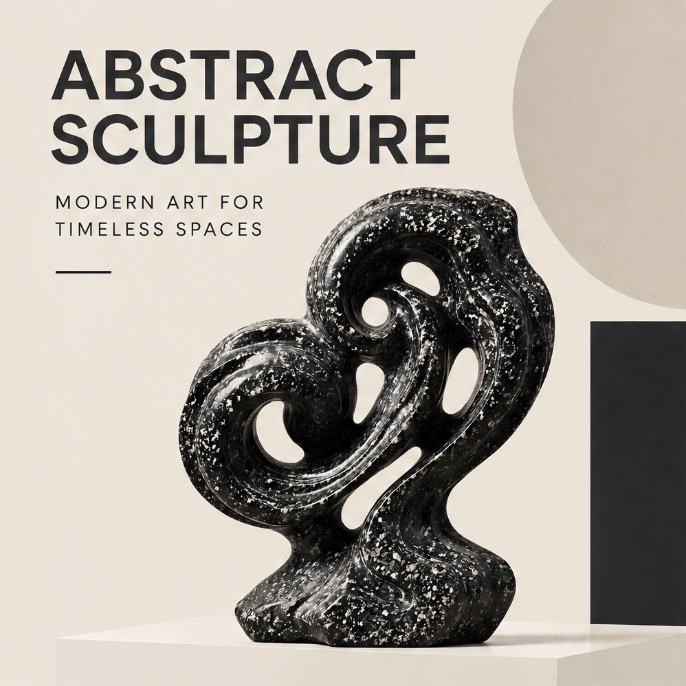 CELORM black double swirl marble sculpture with white flecks, rounded contours, and openwork cutouts