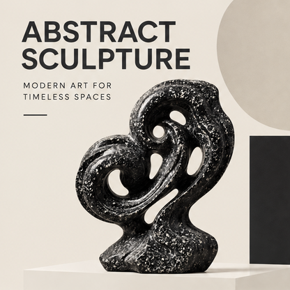 CELORM black double swirl marble sculpture with white flecks, rounded contours, and openwork cutouts
