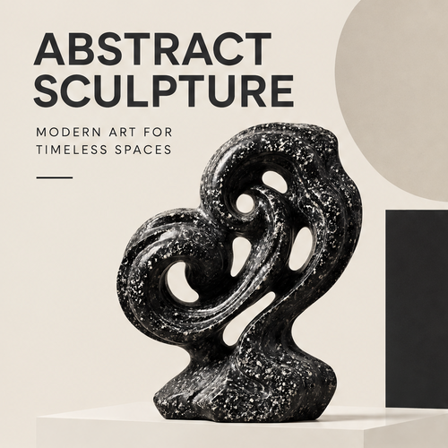 CELORM black double swirl marble sculpture with white flecks, rounded contours, and openwork cutouts