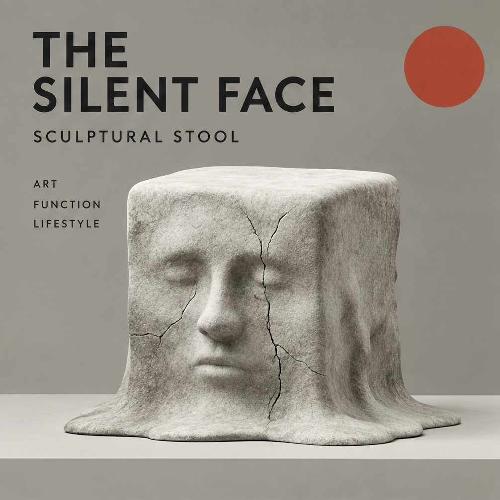 Silent Face decorative sculpture full view; image text labels it Sculptural Stool